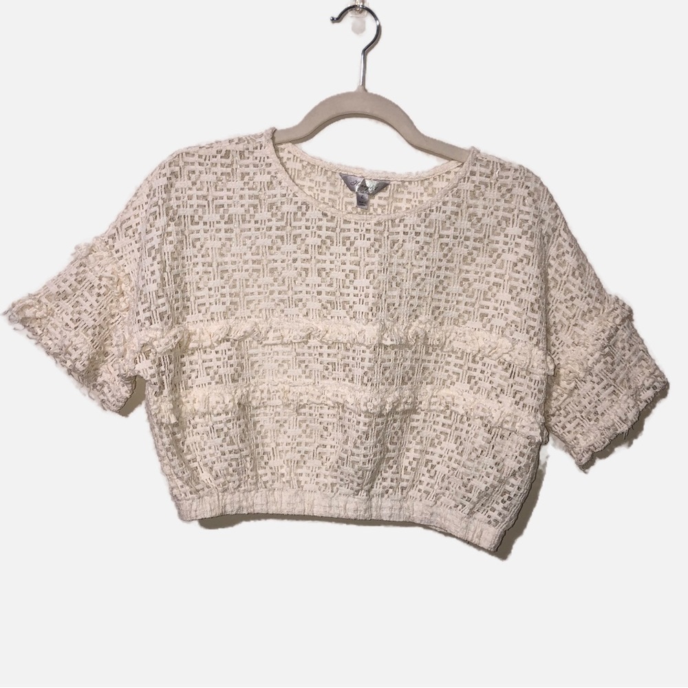 Fairy Lace Top Size Large Raw Edges Dolman Sleeves Cream Ivory Sheer Cropped